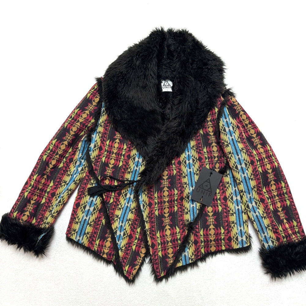 UNIF sz L Linda Jacket Coat Aztec Tribal Faux Fur